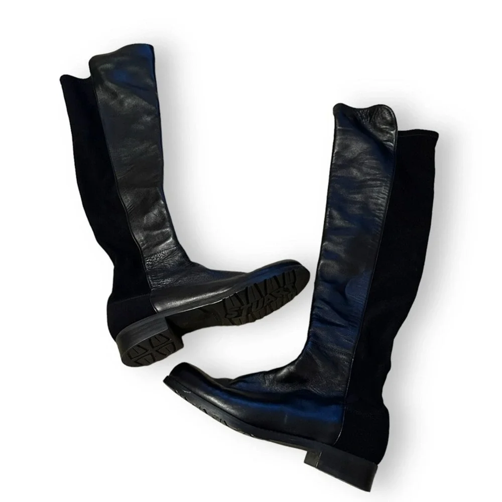 Stuart Weitzman Black 5050 Lift Knee High‎ Pull-On Leather Boots Sz 6.5